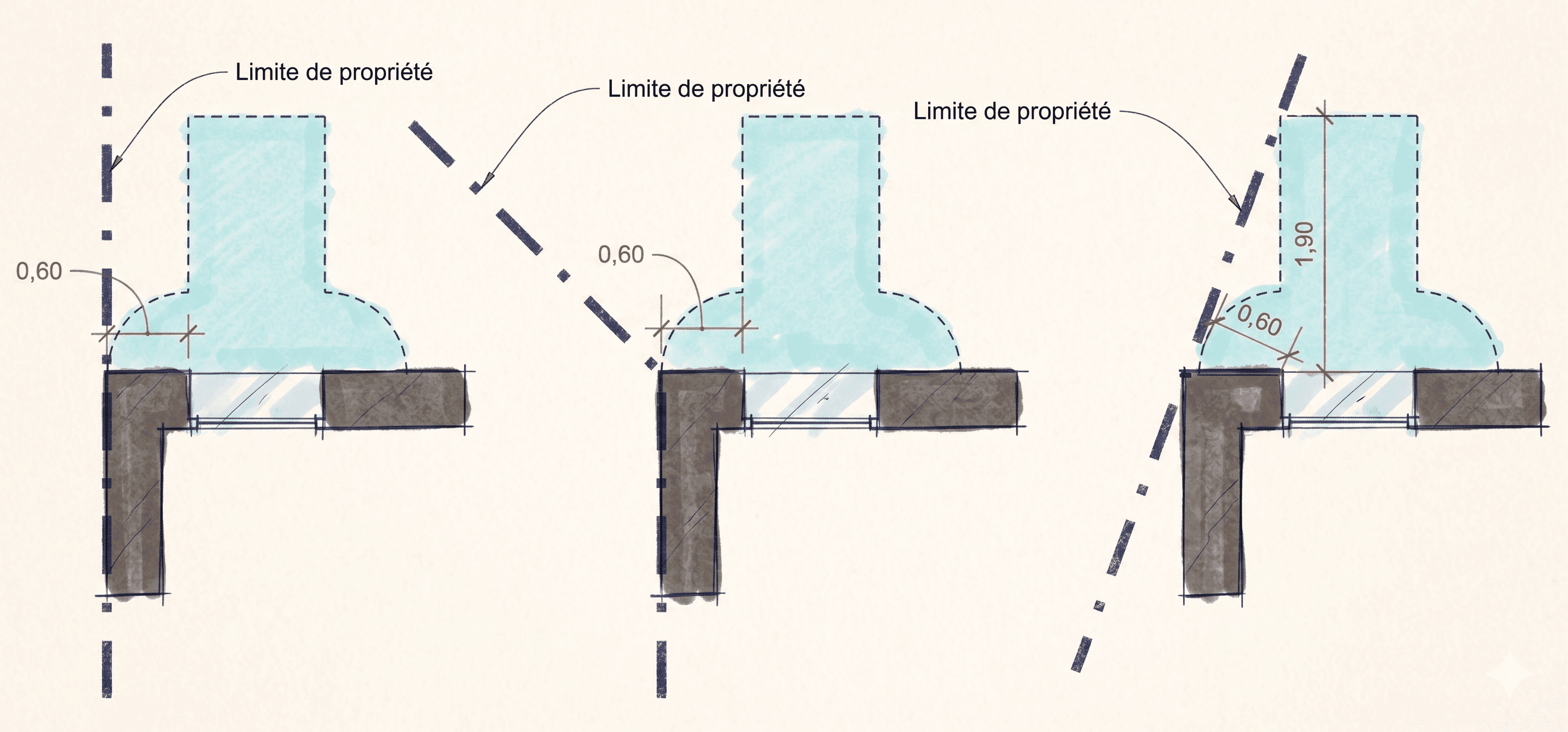 Schéma des distances réglementaires pour servitude de vue et plantation en limite de propriété