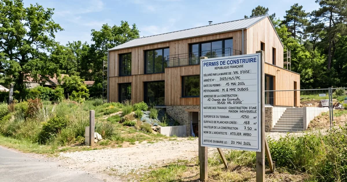 Panneau réglementaire de permis de construire posé devant une maison ossature bois en cours de construction